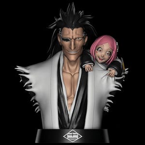 May include: A detailed bust of two anime characters. The male figure has black hair, a scar, and a white robe. A smaller character with pink hair is perched on his shoulder. The base is black with a white emblem.