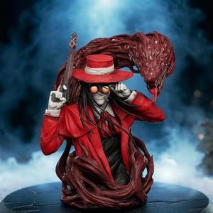 Peut inclure: Figurine détaillée d'un personnage en manteau et chapeau rouges, avec des lunettes teintées orange, tenant une arme à feu. La figurine a de longs cheveux noirs et un sourire sinistre. Une forme monstrueuse rouge foncé est derrière le personnage.