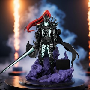 May include: A detailed figurine of a warrior in black armour with white highlights, a flowing black cape, and red hair. The warrior holds a silver sword and stands on a purple cloud base. The figure is set against a smoky background.