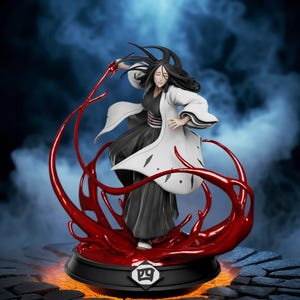May include: A detailed figurine of a character from the anime Bleach. The figure is a woman in a black and white outfit, holding a sword with a red energy effect. The base is black with a Japanese symbol.
