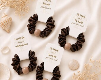 Bridesmaid Scrunchie with Custom Card, Brown Satin Beaded, Coastal Wedding Bridesmaid Proposal Favor, Beach Bachelorette Gift