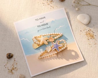 Pearl Starfish Seashell Hair Clips, Beach Bachelorette Party Favors, Bridesmaid Proposal Barrette with Custom Card, Set of 2