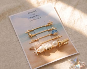 Zestaw spinek do włosów z perłową muszlą, spinka w kształcie rozgwiazdy z personalizowaną kartką, propozycja dla druhny na plaży, upominek na wieczór panieński