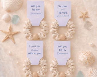 Ivory Satin Scrunchie with Custom Card, Bridesmaid Proposal Hair Tie, Beach Wedding Gift, Bridal Party Favor, Bachelorette Party Favors