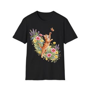 Ginger Cat T-Shirt, Butterfly Garden Kitten Tee, Cottagecore Cat Mom Gift, Mothers Day Cat Lover Shirt, Whimsical Floral Cat