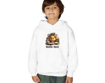 Bluza z kapturem Hustle Hard Cat, słodka grafika z kotkiem w stos książek, koszulka z długim rękawem Hustle Hard Hamster, motywujący, słodki wzór gryzonia