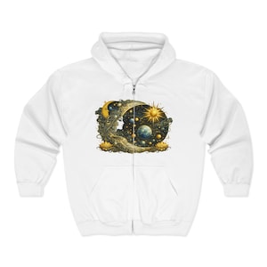 Sweat à capuche illustration lune et soleil célestes, sweat zippé unisexe vintage des années 90 noir et or, pull fantaisie étoiles soleil lune