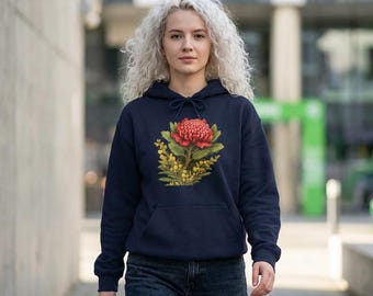 Australian Flowers Unisex Hoodie, Red Waratah Floral Shirt, Flower collection of Australia, nature lover long sleeve, Vintage Flower Print