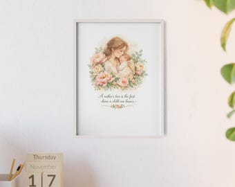 Portrait floral mère et bébé avec cadre en bois | Art mural pour chambre d'enfant, cadeau pour les parents, cadeau de fête des mères, cadeau personnalisé pour maman