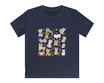 Camiseta infantil con lindos gatos de dibujos animados / Ilustración de gatito juguetón, iconos de mascotas en tonos pastel, camiseta juvenil gráfica, camiseta infantil de animales, regalo para amantes de los gatos