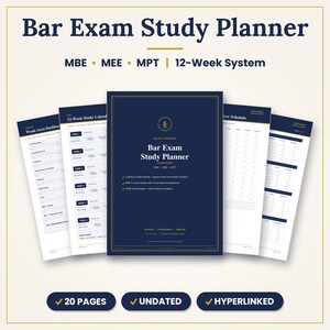 Könnte beinhalten: Ein Bar Exam Study Planner mit dunkelblauem Einband, goldenem Text und einem Paragraphenzeichen. Der Planer umfasst ein 12-Wochen-System, MBE-, MEE- und MPT-Abschnitte, 20 Seiten, ist undatiert und mit Hyperlinks versehen. Innenansichten sind zu sehen.