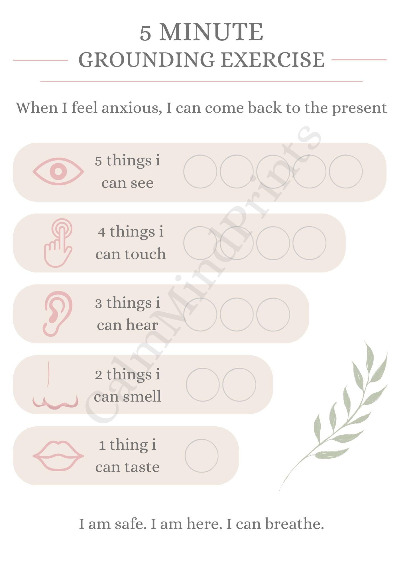 5 Minute Grounding Exercise Printable | 5-4-3-2-1 Method, Anxiety ...