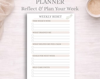 Weekly Reset Planner | Minimal Self-Care Reflection Worksheet (A4 Download)
