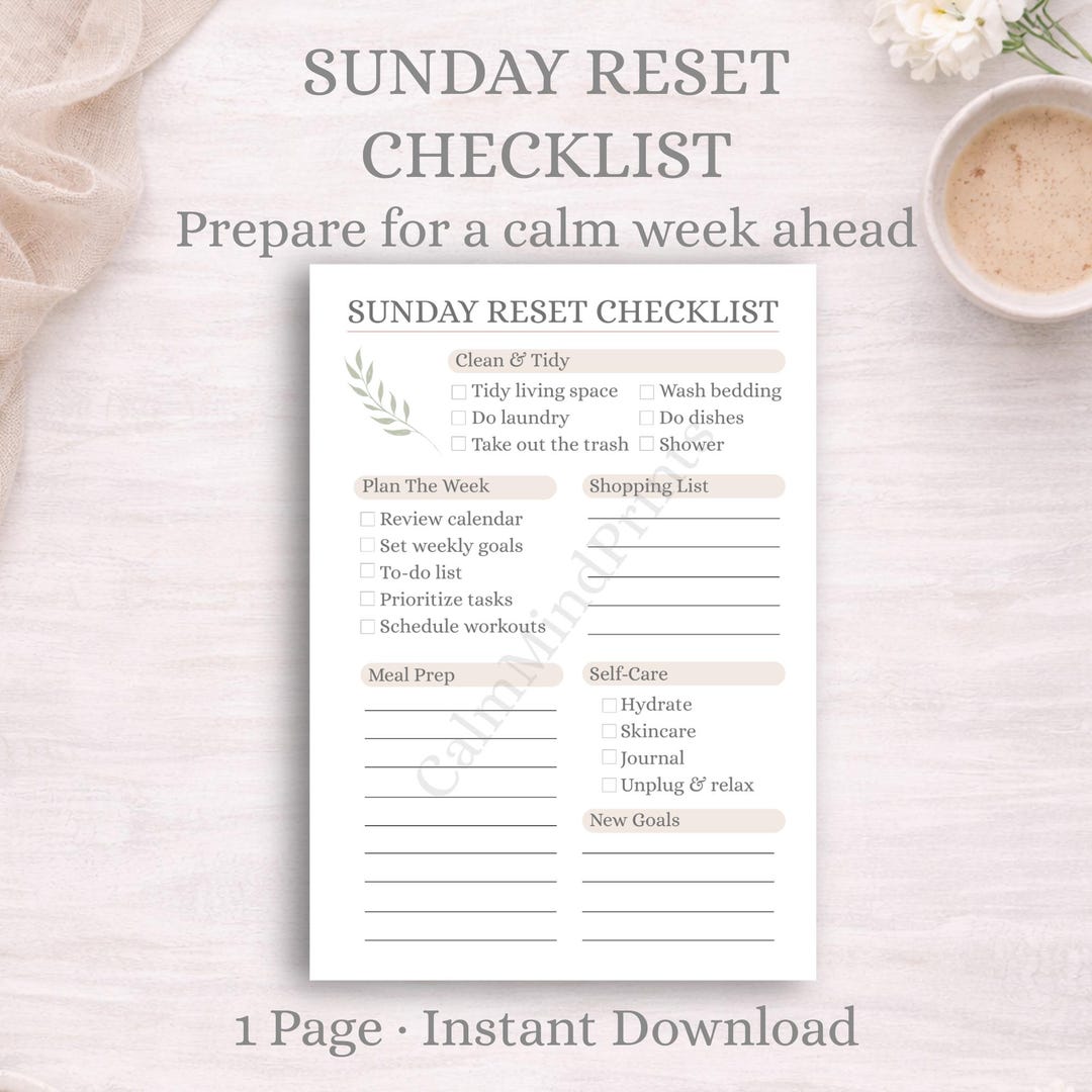Sunday Reset Checklist Printable | Minimalist Weekly Planner (A4 PDF ...