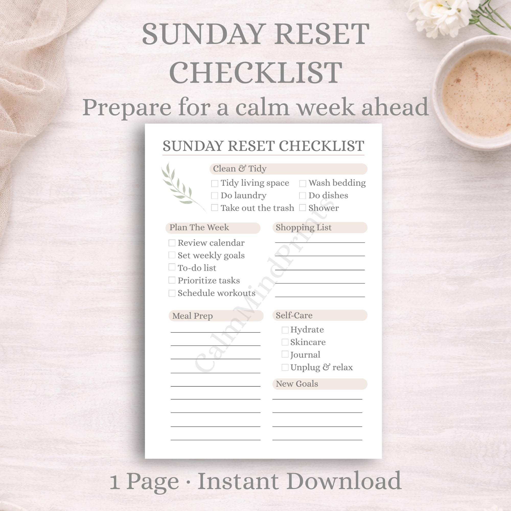 Sunday Reset Checklist Printable | Minimalist Weekly Planner (A4 PDF ...
