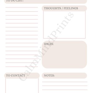 May include: A printable planner page with the title "BRAIN DUMP" at the top. It features sections for a to-do list, thoughts/feelings, ideas, contacts, and notes. The design is in neutral tones with a minimalist aesthetic.
