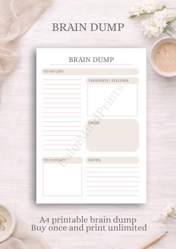 Minimal Brain Dump Printable | Mental Reset Planner | A4 Productivity Worksheet (Digital Download)