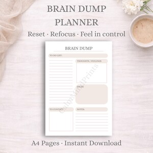 May include: A white Brain Dump Planner with the text "Brain Dump Planner" and the phrases "Reset, Refocus, Feel in control." The planner includes sections for to-do lists, thoughts, ideas, and notes. The text "A4 Pages &bull; Instant Download" is at the bottom.