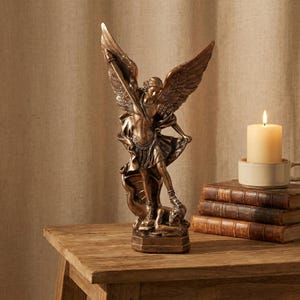 St. Michael Archangel Statue, Bronze Finish, Defeating Serpent Figurine