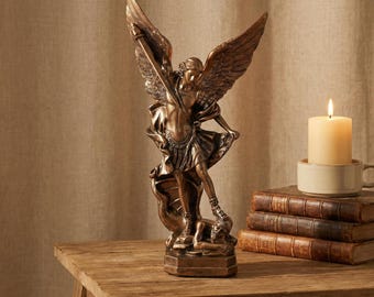 St. Michael Archangel Statue, Bronze Finish, Defeating Serpent Figurine