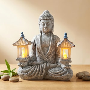 May include: A gray Buddha statue in a meditative pose, flanked by two small pagoda-style lanterns with flickering LED lights. The statue is on a wooden surface, with small stones and bamboo nearby.