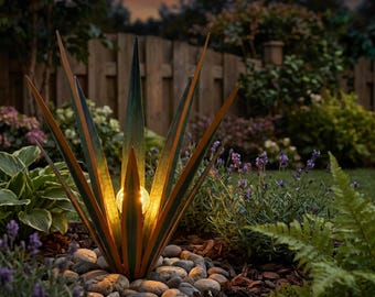 Metal Agave Solar Garden Light | Multi-Color Yard Decor | Rustic Outdoor Sculpture