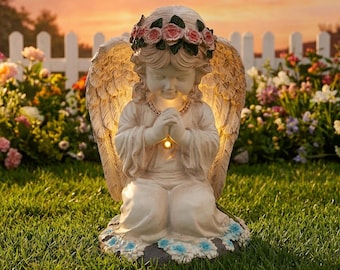 Statue solaire de jardin d'ange priant | Décoration extérieure à DEL | Cadeau commémoratif de sympathie