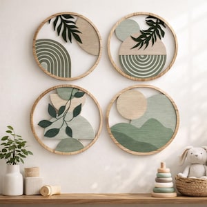 Cuadro geométrico de madera de 4 piezas – Círculos bohemios, decoración minimalista para habitación infantil