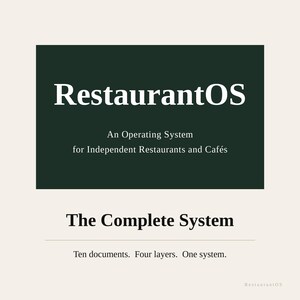 May include: A graphic with the text "RestaurantOS" in white letters on a dark green background. Below, it reads "An Operating System for Independent Restaurants and Cafés." The text "The Complete System" is below, followed by "Ten documents. Four layers. One system."