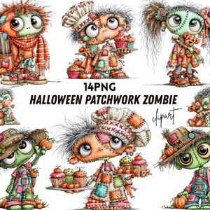 May include: A collection of 14 PNG digital illustrations titled Halloween Patchwork Zombie clipart. The images feature green-skinned zombie characters with stitched skin, messy hair, and patchwork clothing, depicted with pumpkins, cupcakes, and teddy bears.