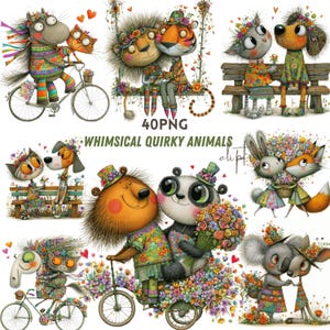 May include: A digital collection of 40 PNG files featuring illustrated animals in colorful clothing, including a horse on a bicycle, a lion and tiger on a swing, cats and dogs on benches, and a bear and panda with flowers, labeled Whimsical Quirky Animals.