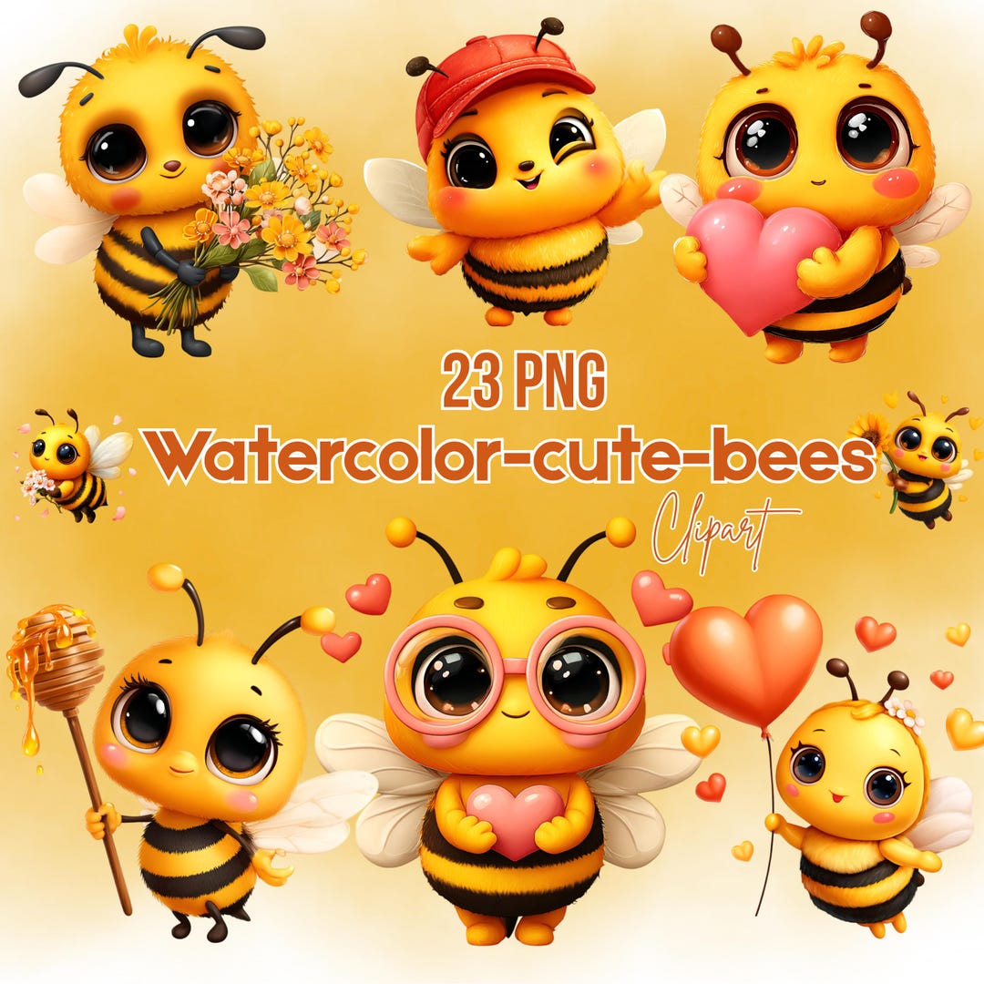 Watercolor Cute Bees Clipart Bundle, Kawaii Honey Bee PNG, Adorable ...