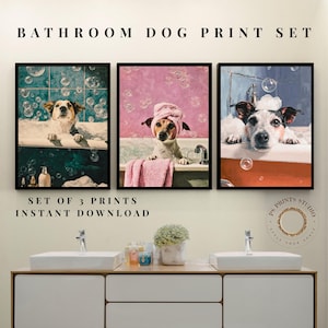 Set van 3 honden afdrukbare bubbelbad | Badkamer muurkunst grappige hond (digitale download)