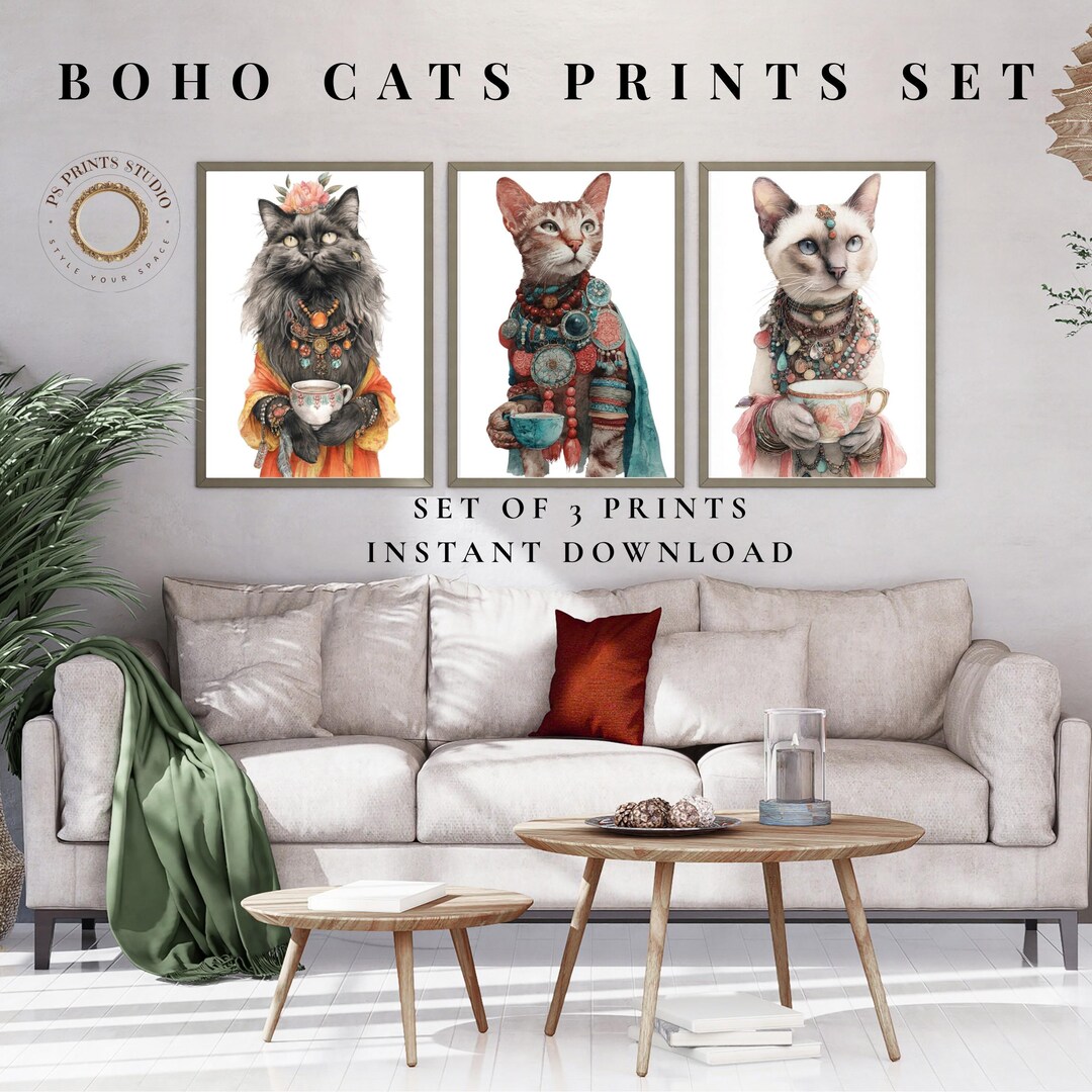 Boho Cat Prints Set | Watercolor Pet Wall Art (digital Download) - Etsy