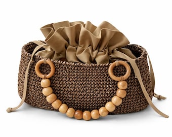 Bolsa de palha metálica trançada à mão com alça de madeira – Bolsa de ombro natural para o verão