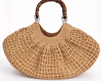Bolsa de crochê em rede com nécessaire de linho – Bolsa de ombro boho em fio de papel
