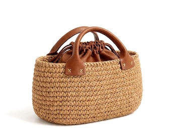 Bolsa de palha trançada à mão em ráfia – Alças, base e bolsa em couro – Bolsa de verão em palha