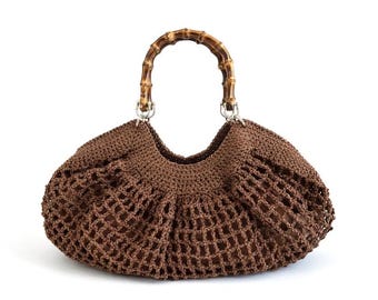Bolsa de crochê marrom com nécessaire de linho – Bolsa de ombro boho em fio de papel