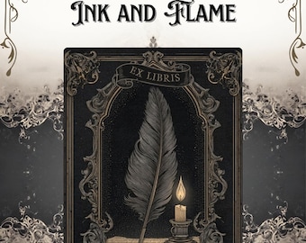 Ink and Flame Gothic Ex Libris Personalized Bookplate Set Candle and Quill Library Labels Dark Academia Writing Desk Art