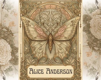 Moth Bookplates Personalized Ex Libris Labels Set of 24 Art Nouveau Botanical Book Lover Gift Custom Library Bookplates
