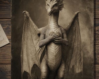 Vintage Dragon Holding Heart Valentine Card Gothic Fantasy Art Antique Style Photography Blank Inside
