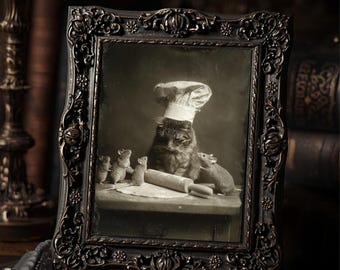 Vintage Victorian Cat Print Gothic Chef Cat With Mice Baking Scene Antique Style Animal Photography Wall Art