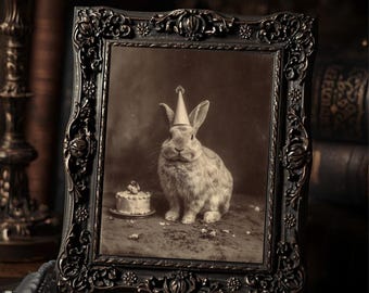 Vintage Victorian Rabbit Print Gothic Bunny With Cake Party Hat Antique Style Animal Photography Wall Art