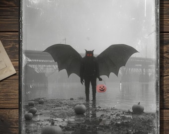 Vintage Victorian Mothman Halloween Card Gothic Cryptid Pumpkin Pail Antique Style Photography Blank Inside