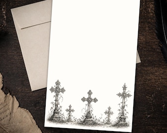 Gothic Garden Cemetery Cross Stationery Set 5.5 x 8.5 Victorian Graveyard Letter Writing Paper with Envelopes