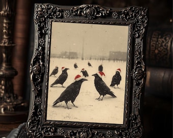 Vintage Gothic Crows In Santa Hats Winter Art Print Victorian Style Photo