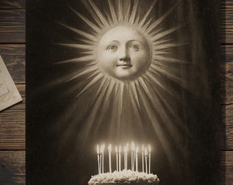 Vintage Celestial Sun Birthday Card Victorian Cabinet Card Style Blank Inside