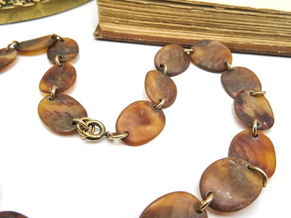 Vintage Brown Lucite Shell Look Gold Tone Chain C… - image 2