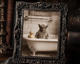 Bat Bubble Bath Victorian Cabinet Card Style Cute Brown Bat Gothic Funny Wall Print