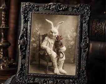 Vintage Victorian Easter Bunny With Devil Child Gothic Wall Print Antique Style Art